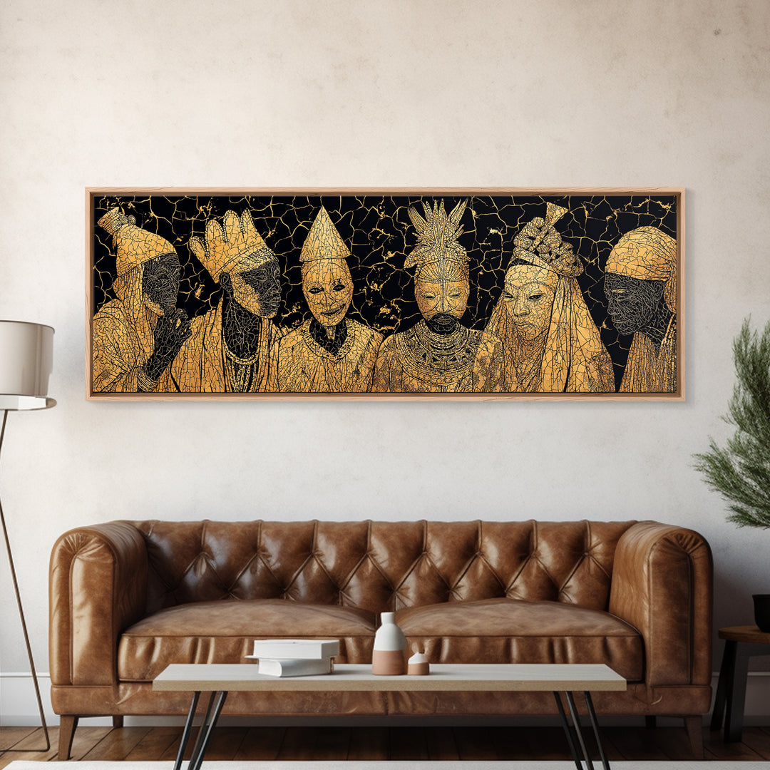 Gold African Royal Figures In Patterned Tribal Masks Framed Canvas Print, Black And Gold Art, African Wall Decor, Afro Art