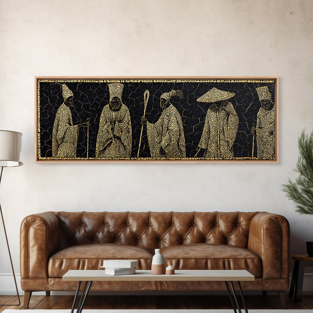 Gold African Elder Procession Wall Art, Ancient African Art, Tribal Figures Canvas Print, Black And Gold Cultural Decor Gift