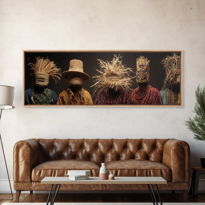 Straw Masked African Figures In Woven Textiles Framed Canvas Print, Tribal Portrait Wall Art, Afrocentric Home Decor Gift