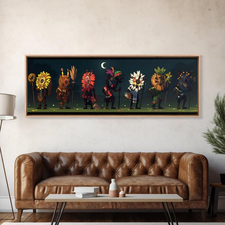 Moonlit African Mask Procession With Flower Headdresses Wall Art, Tribal Canvas Print, Boho Afrocentric Room Decor Statement Gift