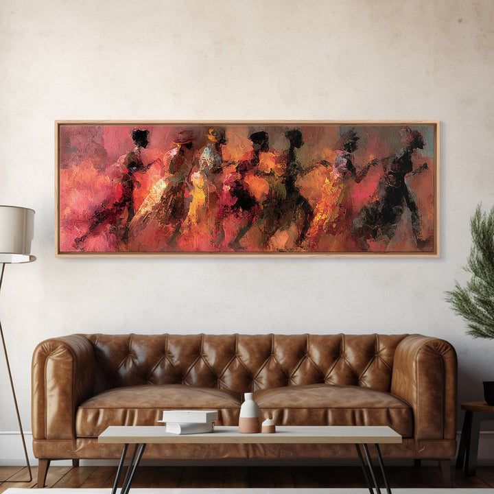 Abstract African Women Dancing Through Warm Red Light Wall Art, Modern Canvas Print, Elegant Afrocentric Home Decor Gift