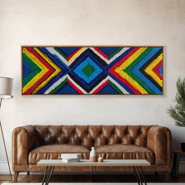 Vibrant Beaded Diamond Chevron Wall Art, African Tribal Pattern, Geometric Textile Print, Colorful Boho Home Decor, Statement Piece