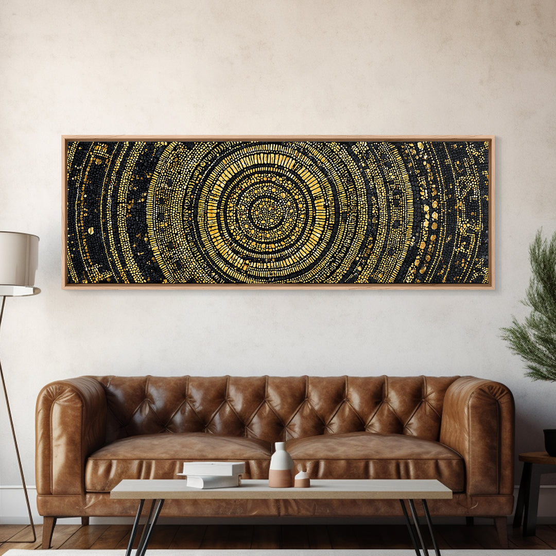 Gold Circular Mosaic Wall Art, Ancient African Abstract Pattern, Black And Gold Canvas, Tribal Luxury Home Decor, Statement Piece