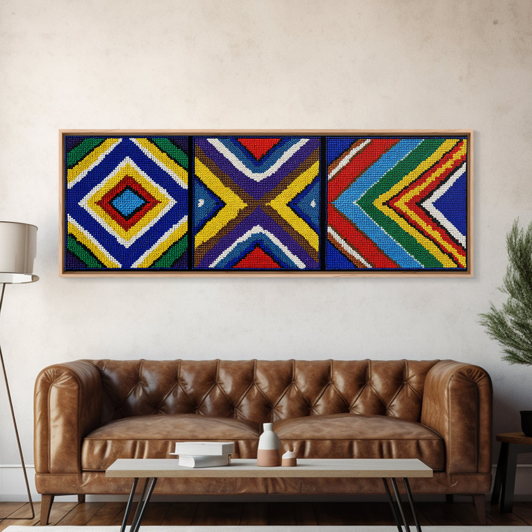 Three Panel Beaded Diamond Canvas Print, African Tribal Chevron Pattern, Geometric Wall Art, Colorful Boho Wall Decor, Set Of 3 Art
