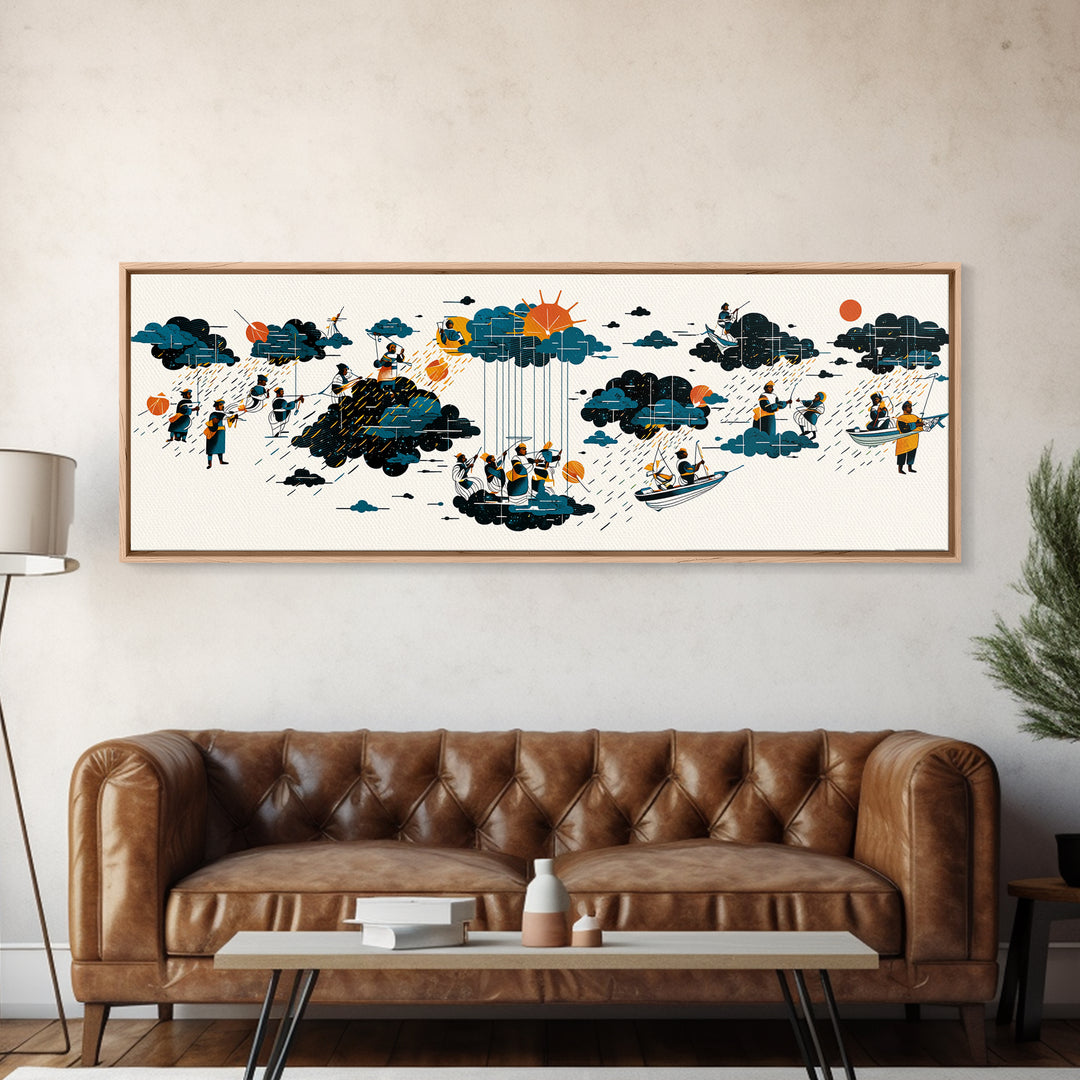 Whimsical Rain Cloud Journey Wall Art, Tiny Boats And Figures Illustration, Modern Blue Orange Canvas Print, Playful Decor