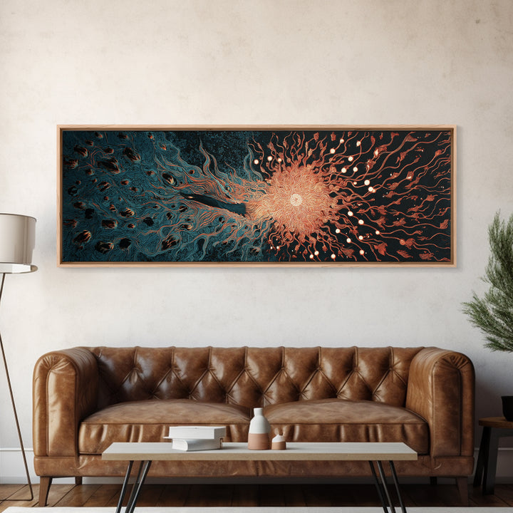 Fiery Coral Organic Bloom Wall Art, Teal Black Abstract Canvas Print, Contemporary Fluid Energy Decor, Bold Home Artwork