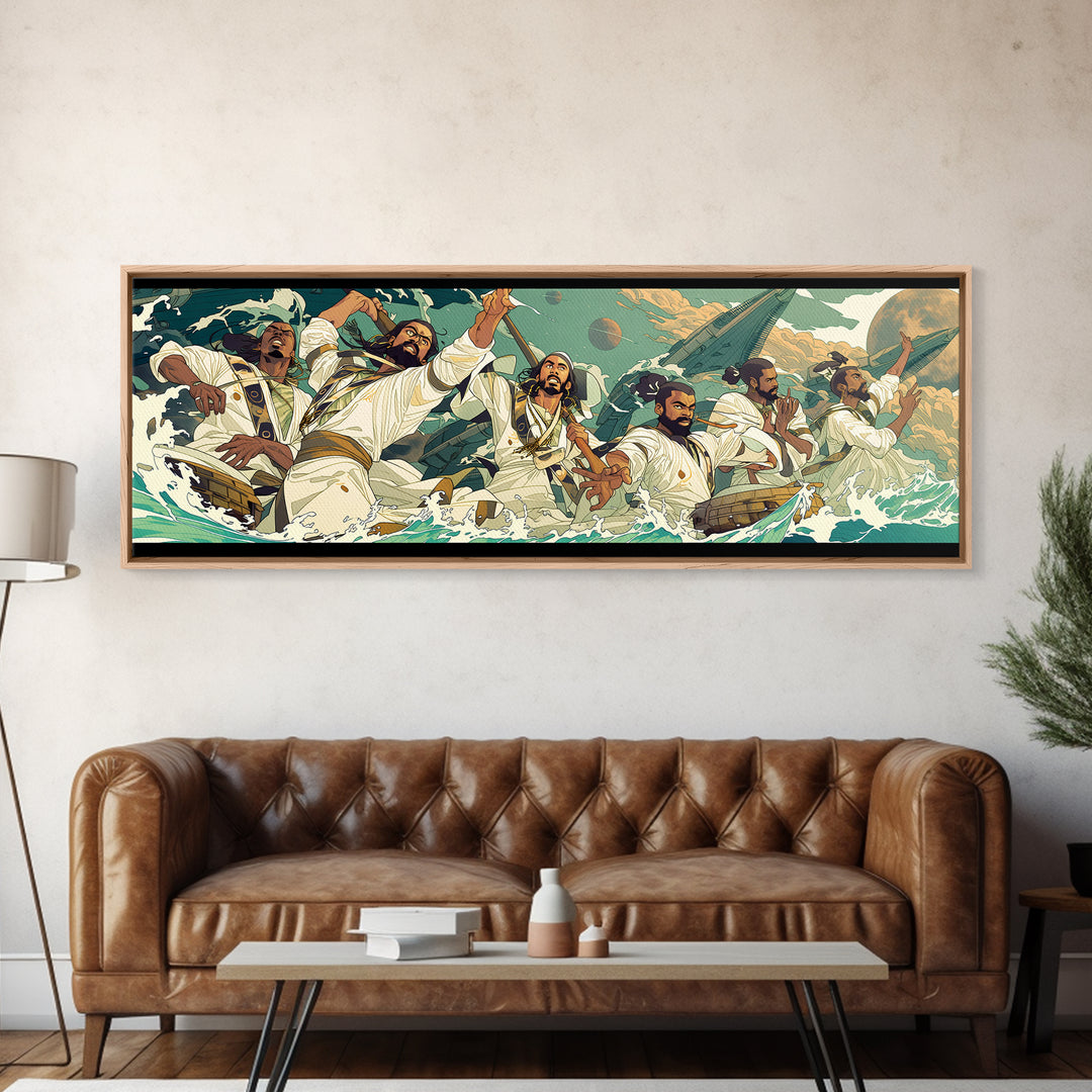 Heroic African Warriors At Sea Wall Art, Dynamic Cultural Canvas Print, Afrocentric Ocean Adventure Decor, Bold Statement Art