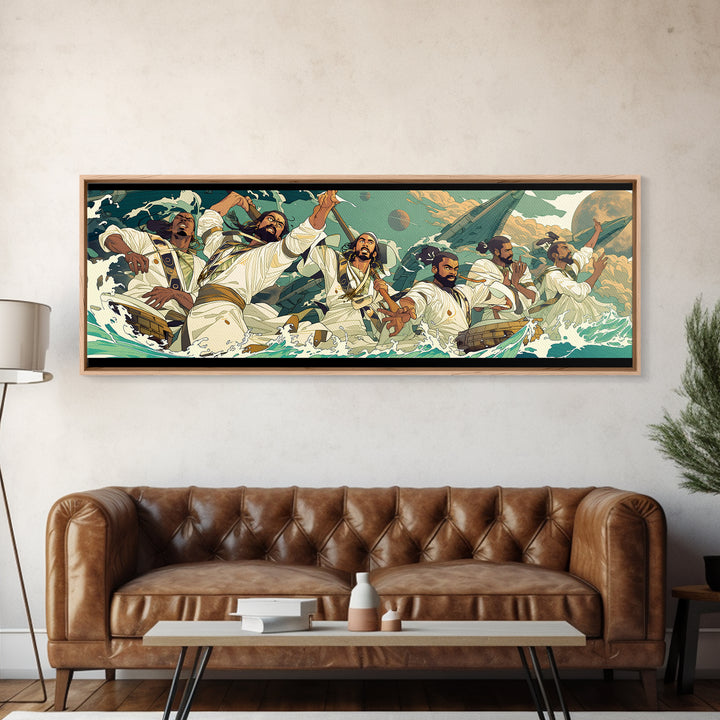 Heroic African Warriors At Sea Wall Art, Dynamic Cultural Canvas Print, Afrocentric Ocean Adventure Decor, Bold Statement Art