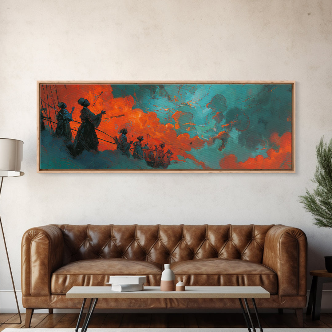 Orange Teal African Warriors In Storm Wall Art, Afrocentric Canvas Decor, Black Culture Art, Ancestral Spirit African Wall Decor