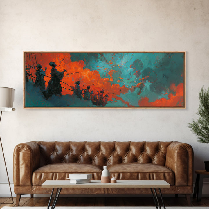Orange Teal African Warriors In Storm Wall Art, Afrocentric Canvas Decor, Black Culture Art, Ancestral Spirit African Wall Decor