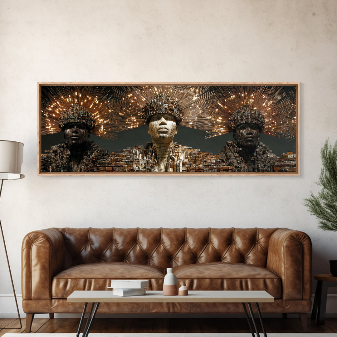 Radiant African Futurist Trio Framed Canvas Print, Black Culture Art, Afrocentric Wall Art, Gold Jewelry Canvas Decor Gift