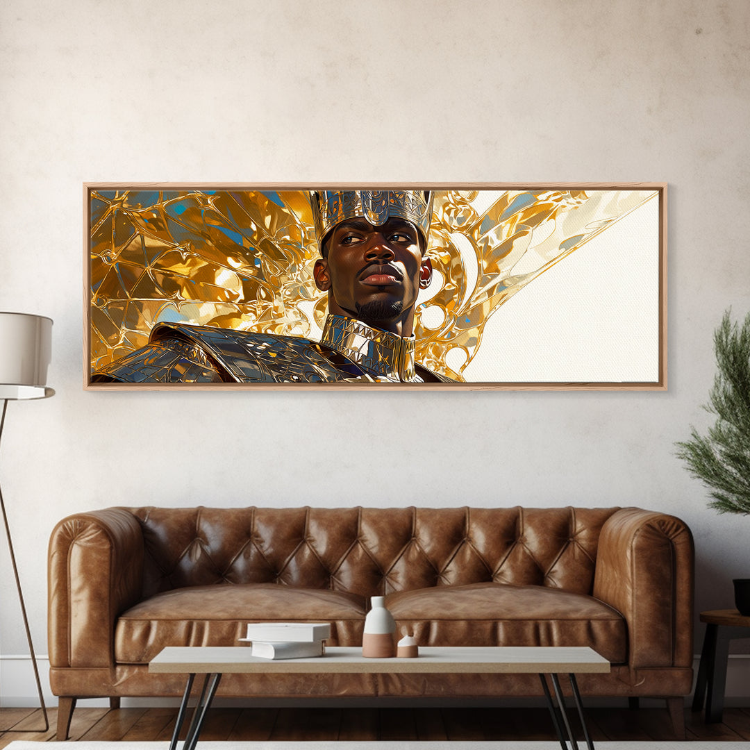 Majestic Black King In Gold Armor Framed Canvas Print, African Portrait, Black Man Wall Art, Afrocentric Decor, Royal Gift
