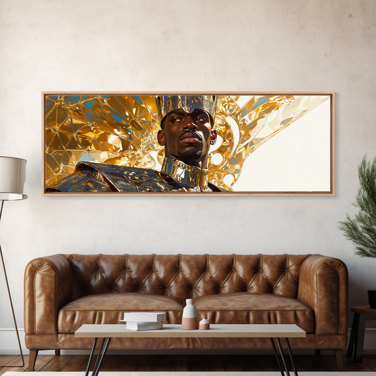 Majestic Black King In Gold Armor Framed Canvas Print, African Portrait, Black Man Wall Art, Afrocentric Decor, Royal Gift