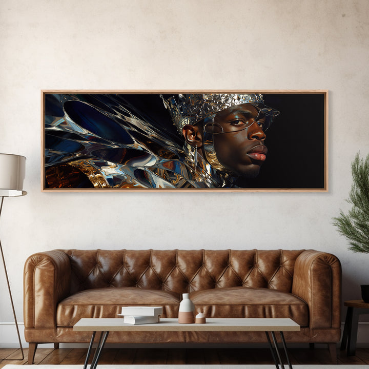 Chrome Crown Black Prince Portrait Canvas Print, Afrofuturism Decor, Black Man Wall Art, Luxury Canvas Art, Royal Statement Decor