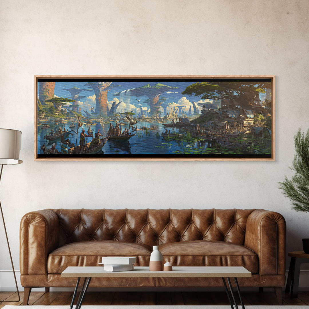 Afrofuturist African Waterfront Village Wall Art, Fantasy Baobab Landscape, Cultural Safari Decor, Unique Canvas Gift, Home Decor