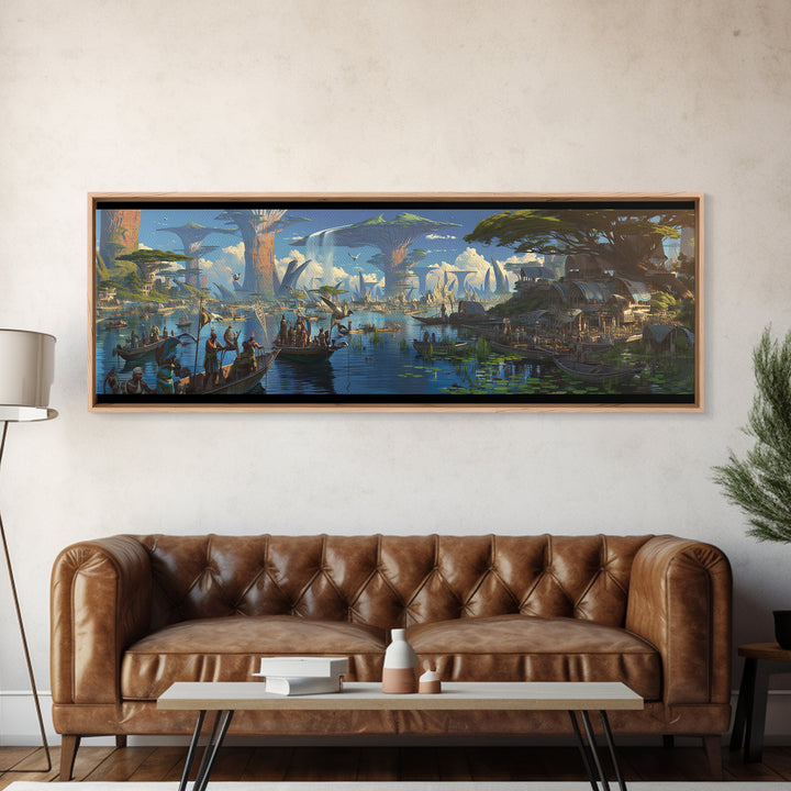 Afrofuturist African Waterfront Village Wall Art, Fantasy Baobab Landscape, Cultural Safari Decor, Unique Canvas Gift, Home Decor