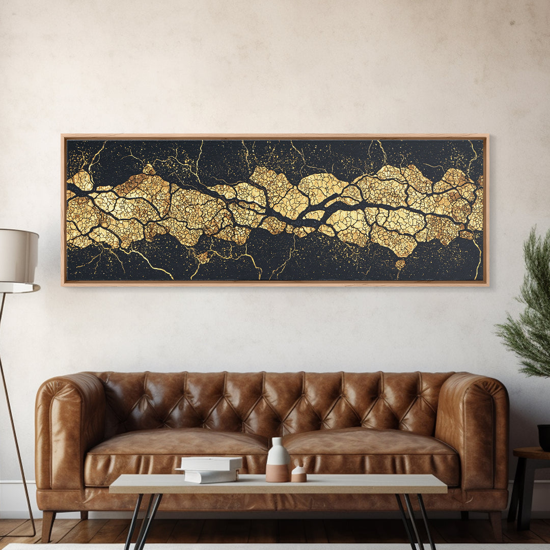 Black And Gold Abstract Kintsugi Veins Canvas Print, Luxury Wall Art Decor, Modern Textured Artwork, Statement Piece Gift