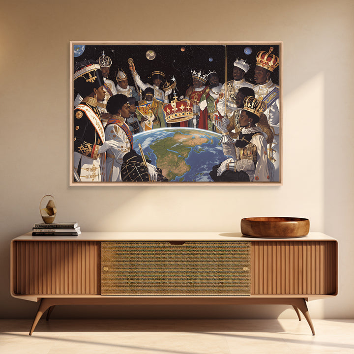 Cosmic African Royal Council Over Earth Wall Art, Afrocentric Black History Decor, African American Art, Regal Canvas Print