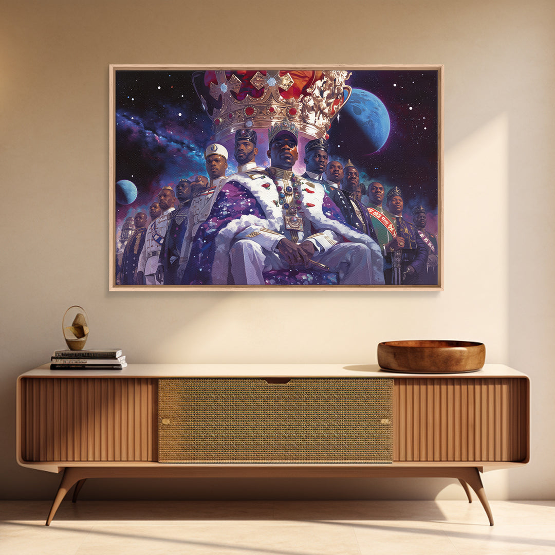 Galactic Black King And Royal Guard Framed Canvas Print, African American Art, Afrocentric Wall Decor, Black Man Portrait