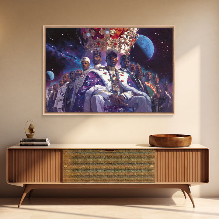 Galactic Black King And Royal Guard Framed Canvas Print, African American Art, Afrocentric Wall Decor, Black Man Portrait