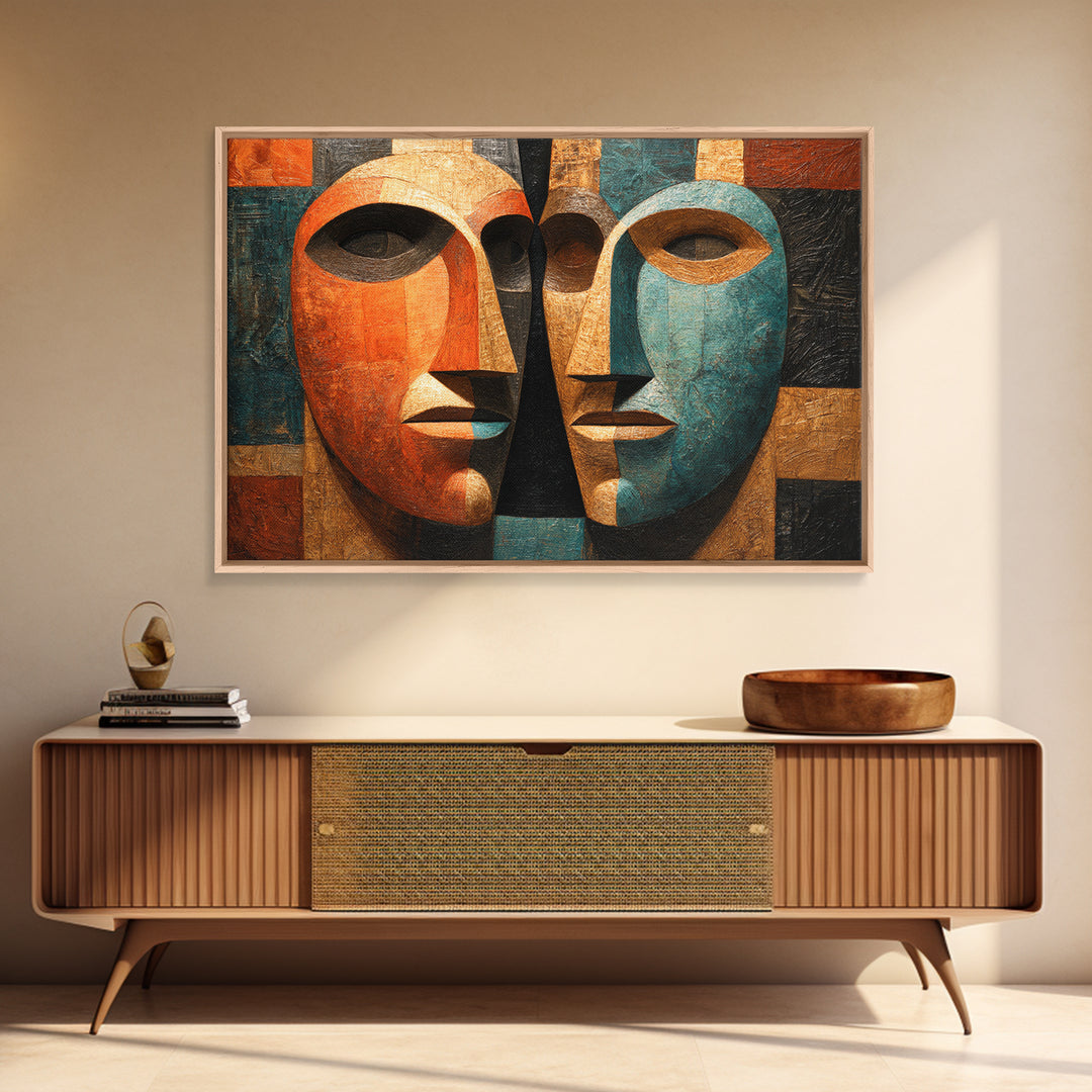 Cubist African Mask Faces Canvas Print, Abstract African Art, Tribal Wall Decor, Geometric Portrait, Bold Home Decor Gift