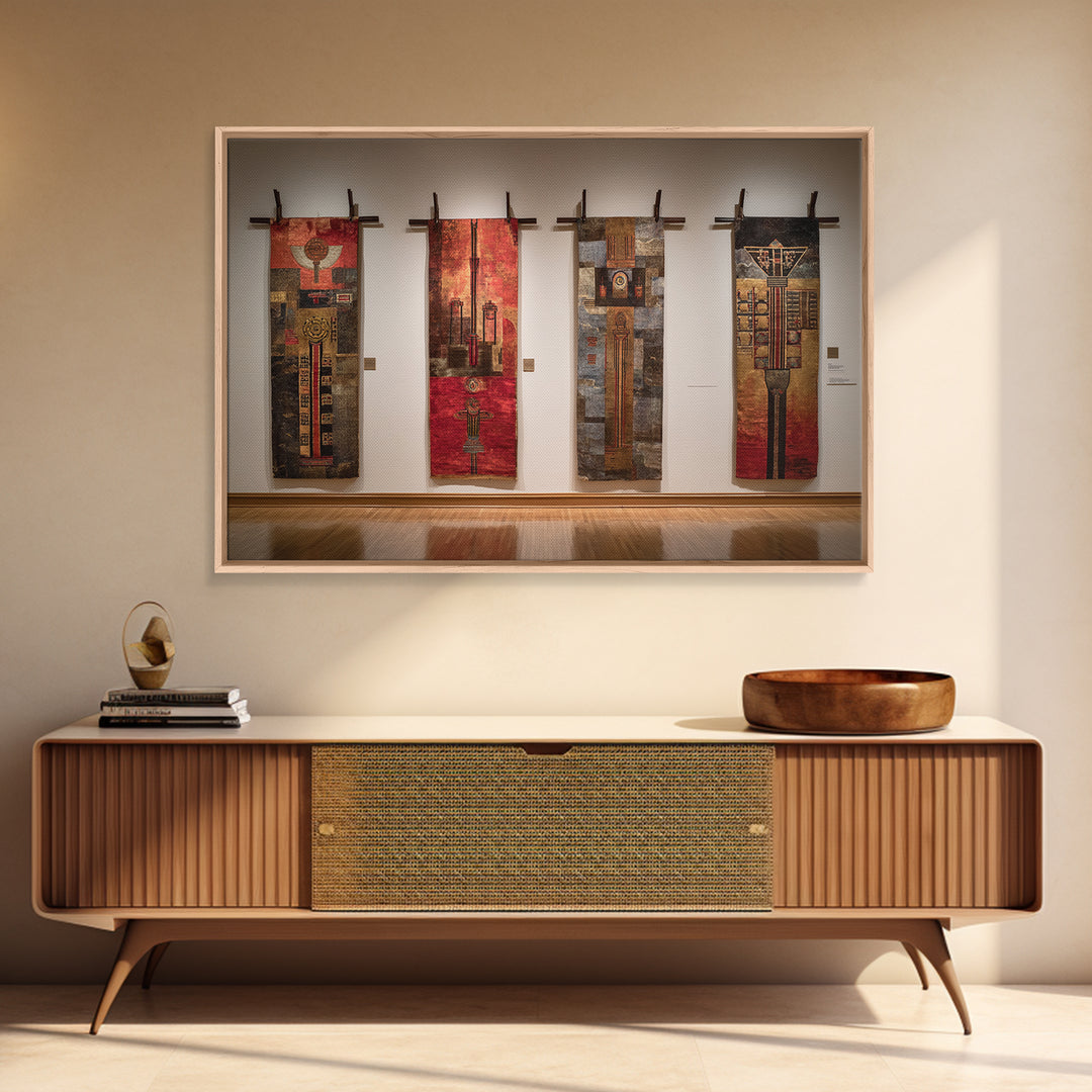 Earth Tone Textile Banners In Gallery, African Wall Art, Cultural Home Decor, Textile Art, Modern Framed Canvas Print, Museum Decor
