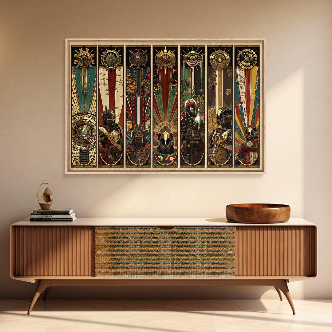 Futuristic Tribal Totem Panels And Helmets, African Wall Art, Afrofuturism Decor, Geometric Art, Framed Canvas Print, Bold Home Decor