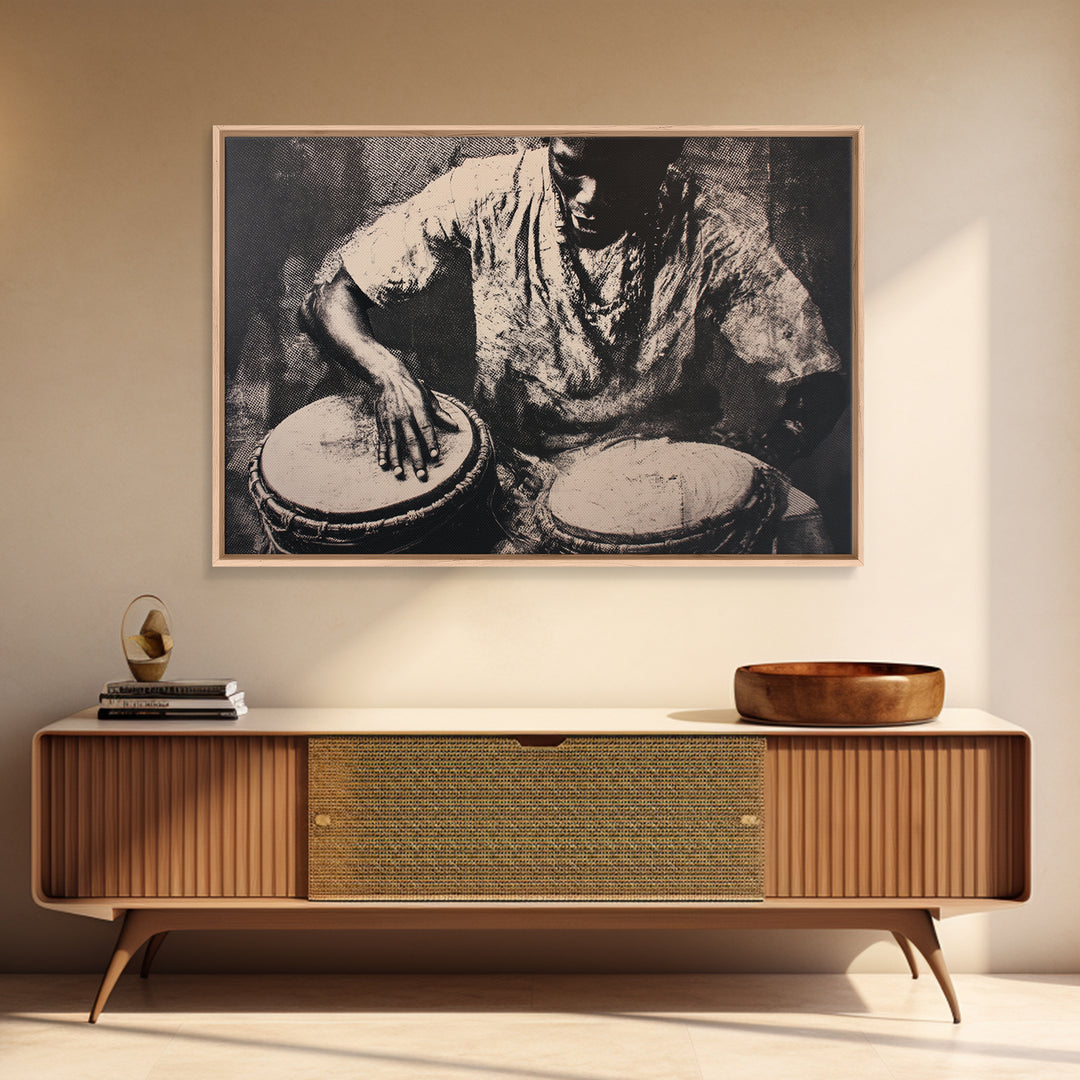Monochrome African Drummer Portrait, African Wall Art, Black Culture Art, Tribal Decor, Black Art Print, Framed Canvas Print