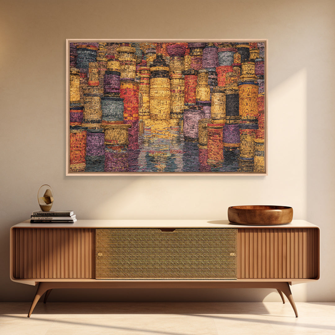 Vibrant Woven Basket Abstract, African Wall Art, Textile Art, Colorful Wall Decor, Cultural Framed Canvas Print, Ethnic Art Print