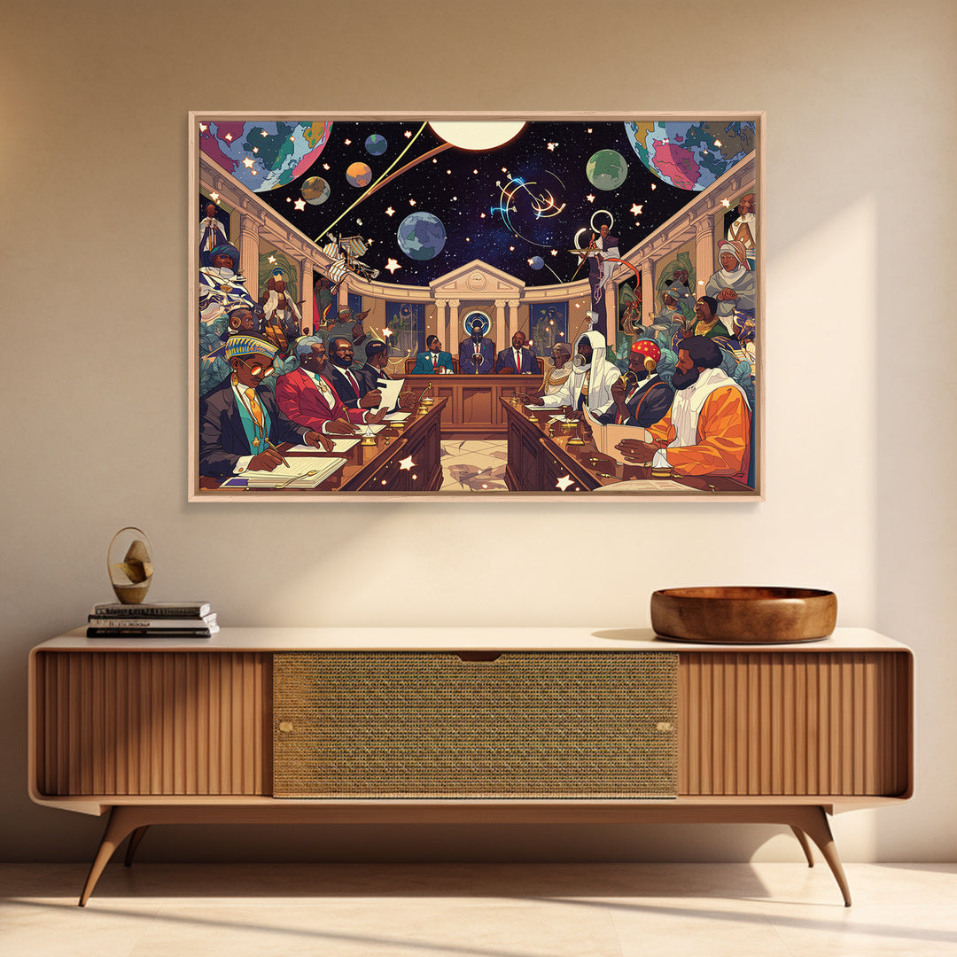 Afrofuturist African Council In Space Canvas Print, Black Culture Art, Diaspora Art, Modern African Art, Statement Wall Decor