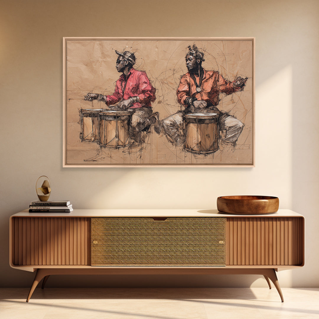 Two African Drummers Sketch Framed Canvas Print, Tribal Art Print, African Culture Art, Music Room Decor, Afrocentric Artwork