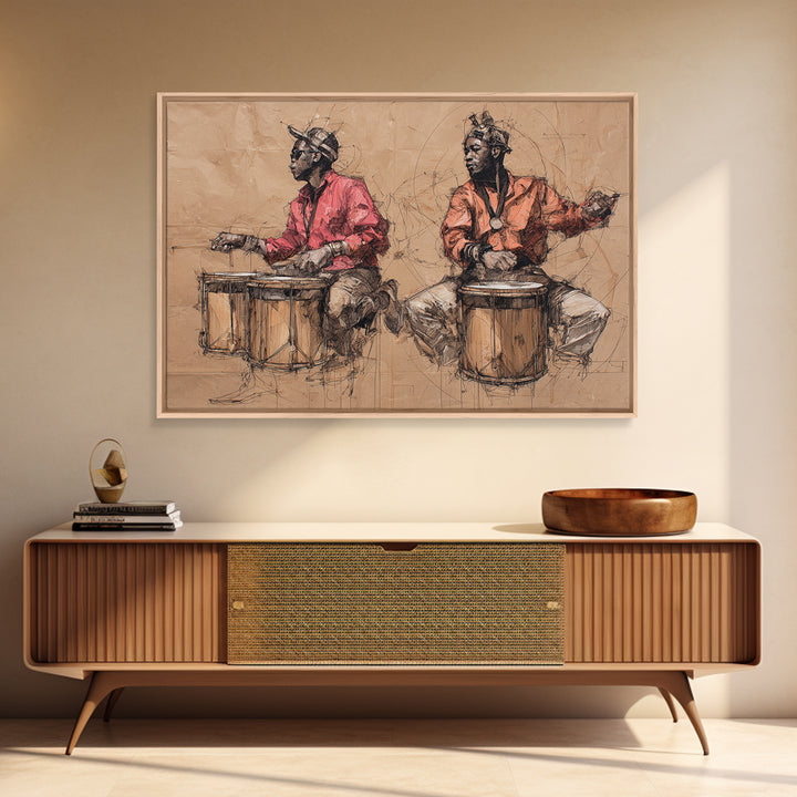 Two African Drummers Sketch Framed Canvas Print, Tribal Art Print, African Culture Art, Music Room Decor, Afrocentric Artwork