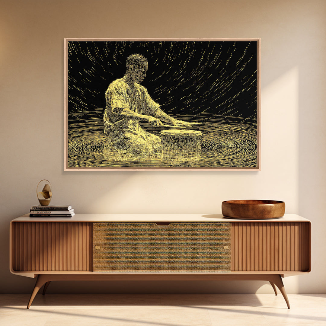 Golden African Drummer Line Art Wall Art, Black And Gold Art, Spiritual Music Decor, Afrocentric Wall Art, Unique Canvas