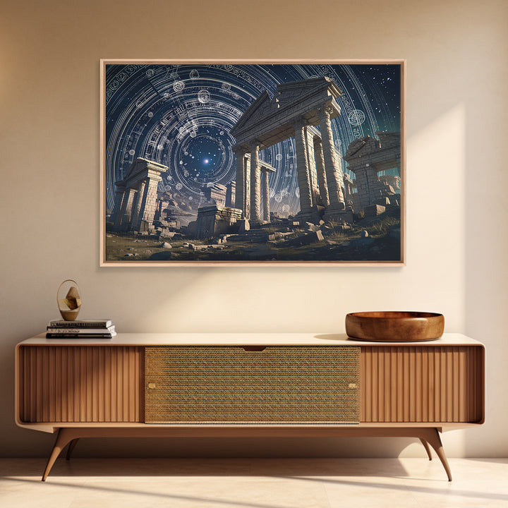 Starlit Ancient Temple Ruins Framed Canvas Print, Mystical Wall Art, Spiritual Wall Decor, Astrology Inspired Home Decor