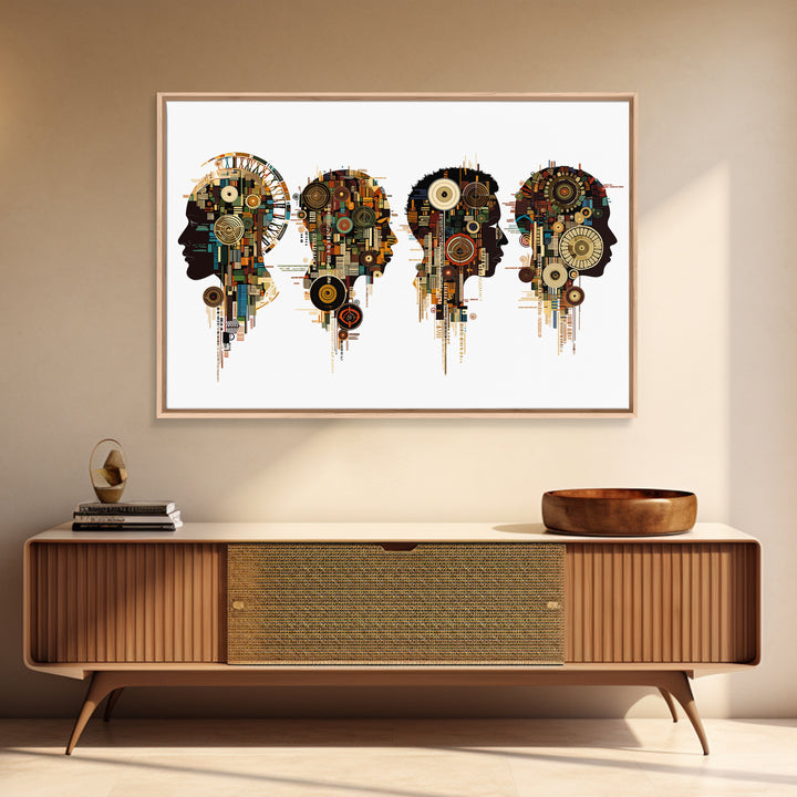 Four Afrofuturist Profile Heads Wall Art, Geometric Portrait Canvas, Black Culture Decor, Modern Abstract Office Gift For Home
