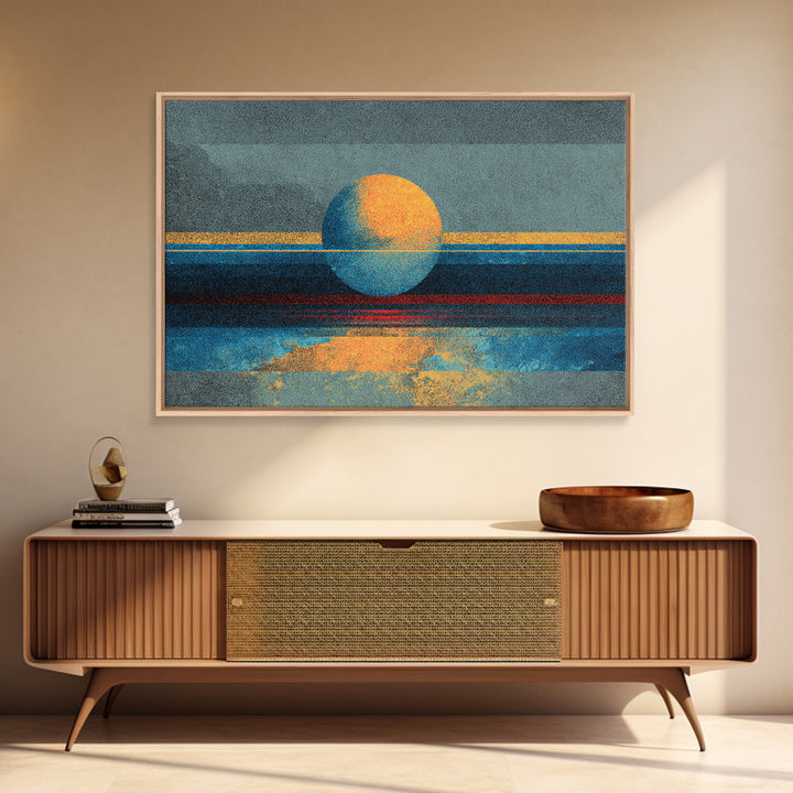 Textured Abstract Sun Over Ocean Wall Art, Minimalist Seascape Canvas Print, Blue Orange Modern Decor, Dreamy Home Gift For Bedroom