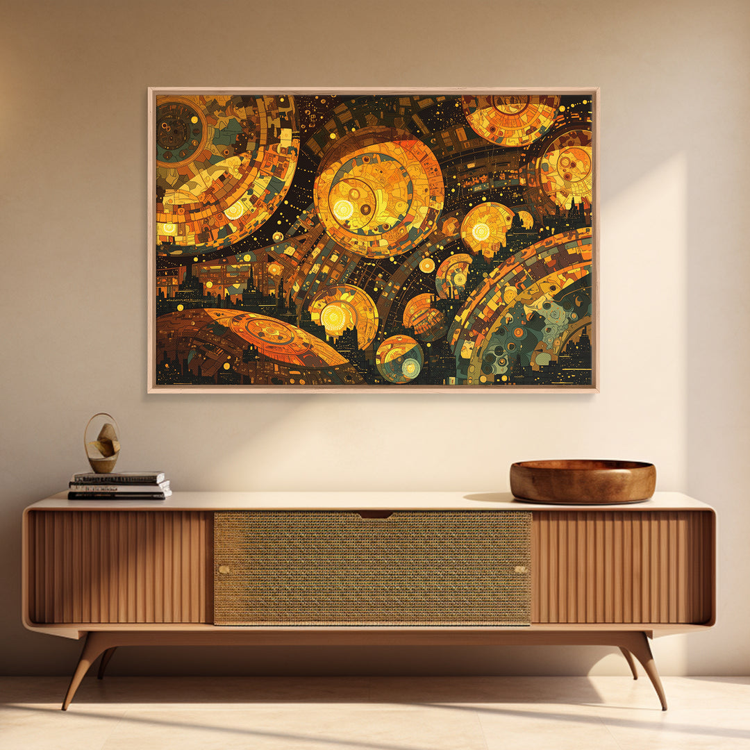 Golden Cosmic Mechanical Orbs Canvas Print, Futuristic Abstract Wall Art, Orange Space Decor, Unique Modern Statement Gift