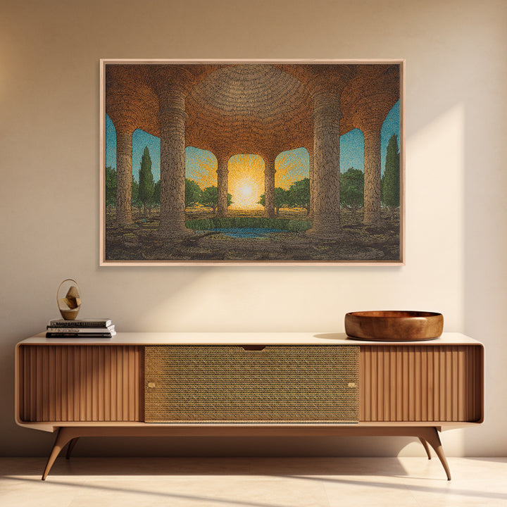 Ancient Stone Colonnade Garden Wall Art, Sunset Rotunda Landscape Canvas Print, Earth Tone Cultural Home Decor Gift For Living Room