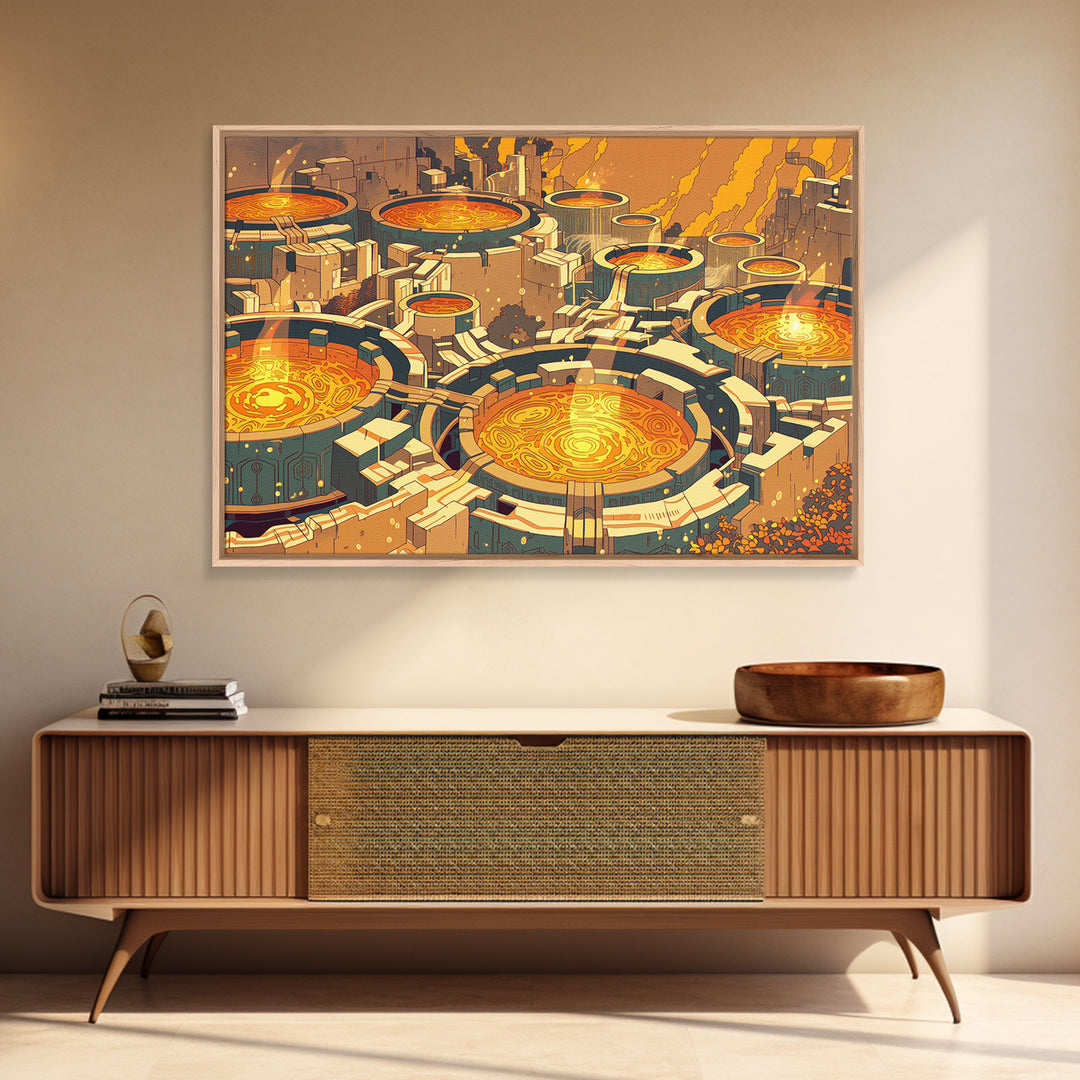 Futuristic Golden Circular City Canvas Print, Sci Fi Abstract Wall Art, Orange Urban Decor, Modern Statement Piece For Home Office