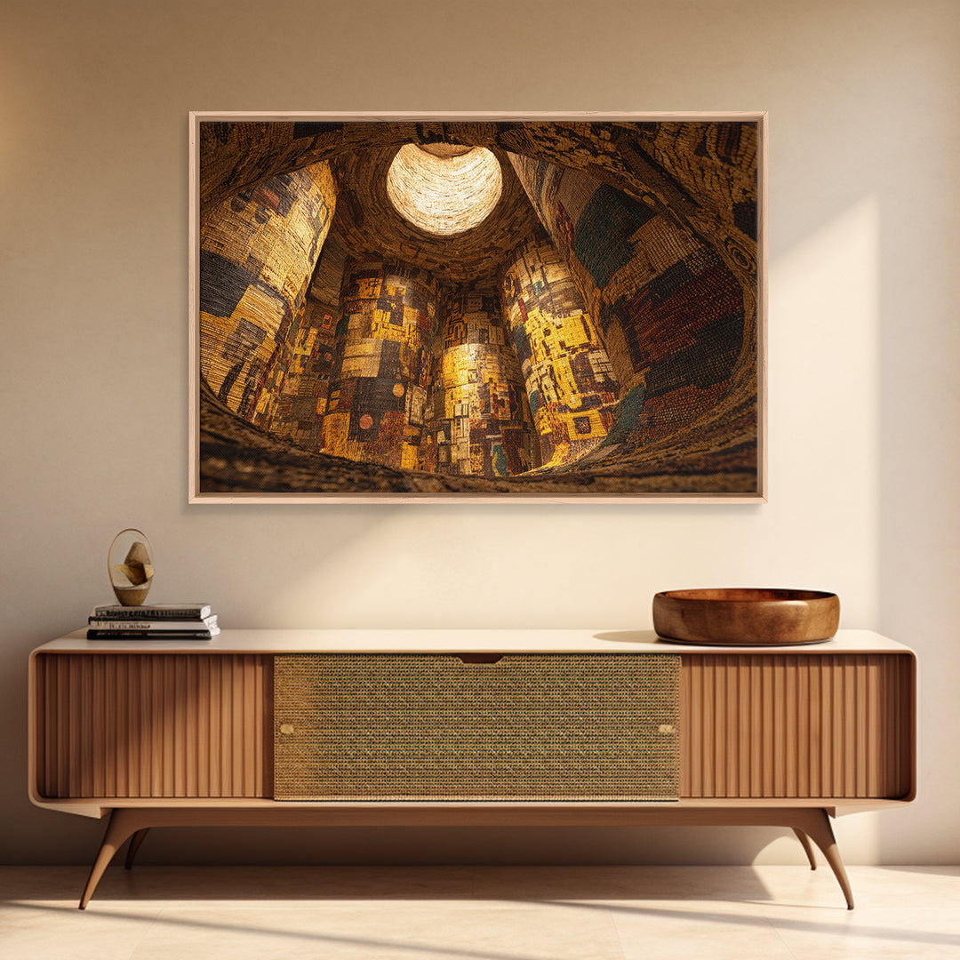 Cavernous Golden Patterned Tower Wall Art, Mystical Architecture Canvas Print, Warm Abstract Cultural Home Decor Gift For Gallery