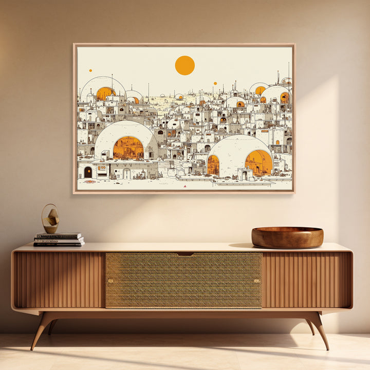 White Desert Dome City With Orange Sun Wall Art, African Landscape Print, Modern North African Decor, Boho Living Room Art