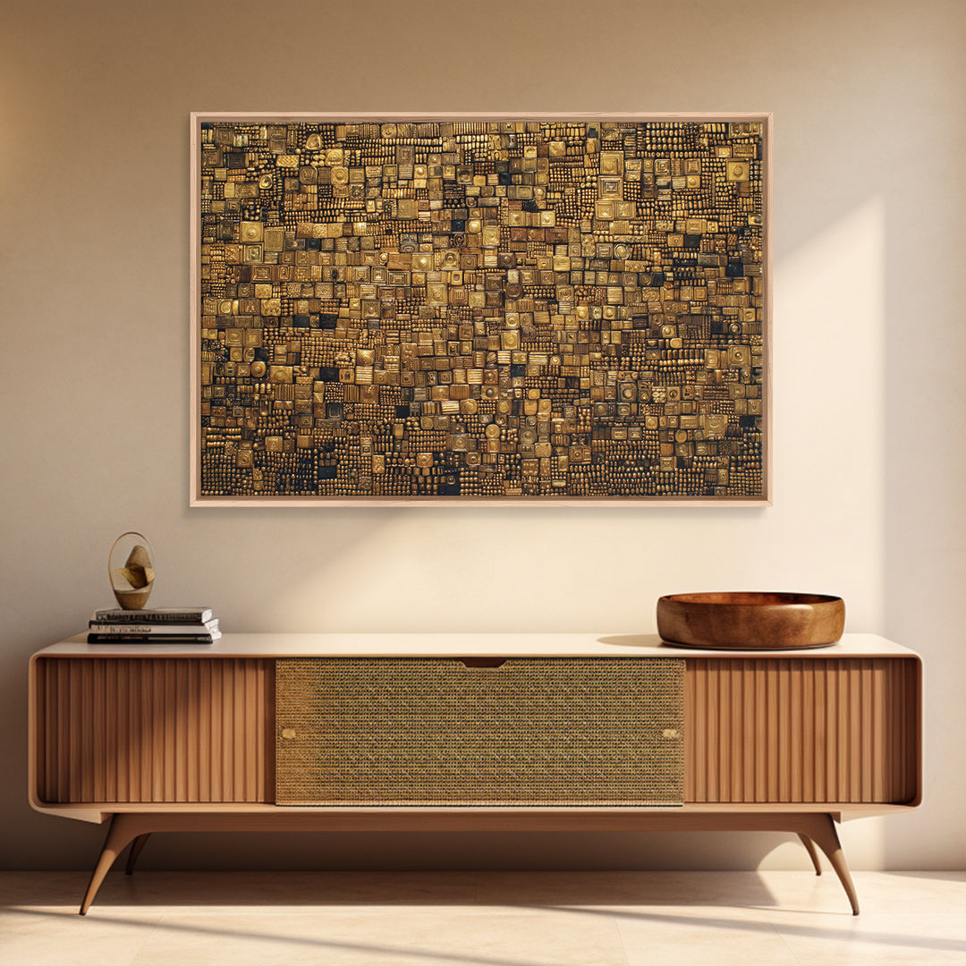 Gold And Black Geometric Mosaic Textile Wall Art, African Abstract Art, Kuba Cloth Decor, Luxury Modern Living Room Wall Decor