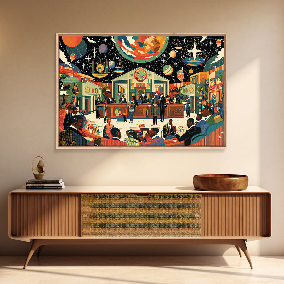 Afrofuturist Community Court Under Cosmic Sky Wall Art, Black Culture Art, African American Art, Juneteenth Home Decor Gift