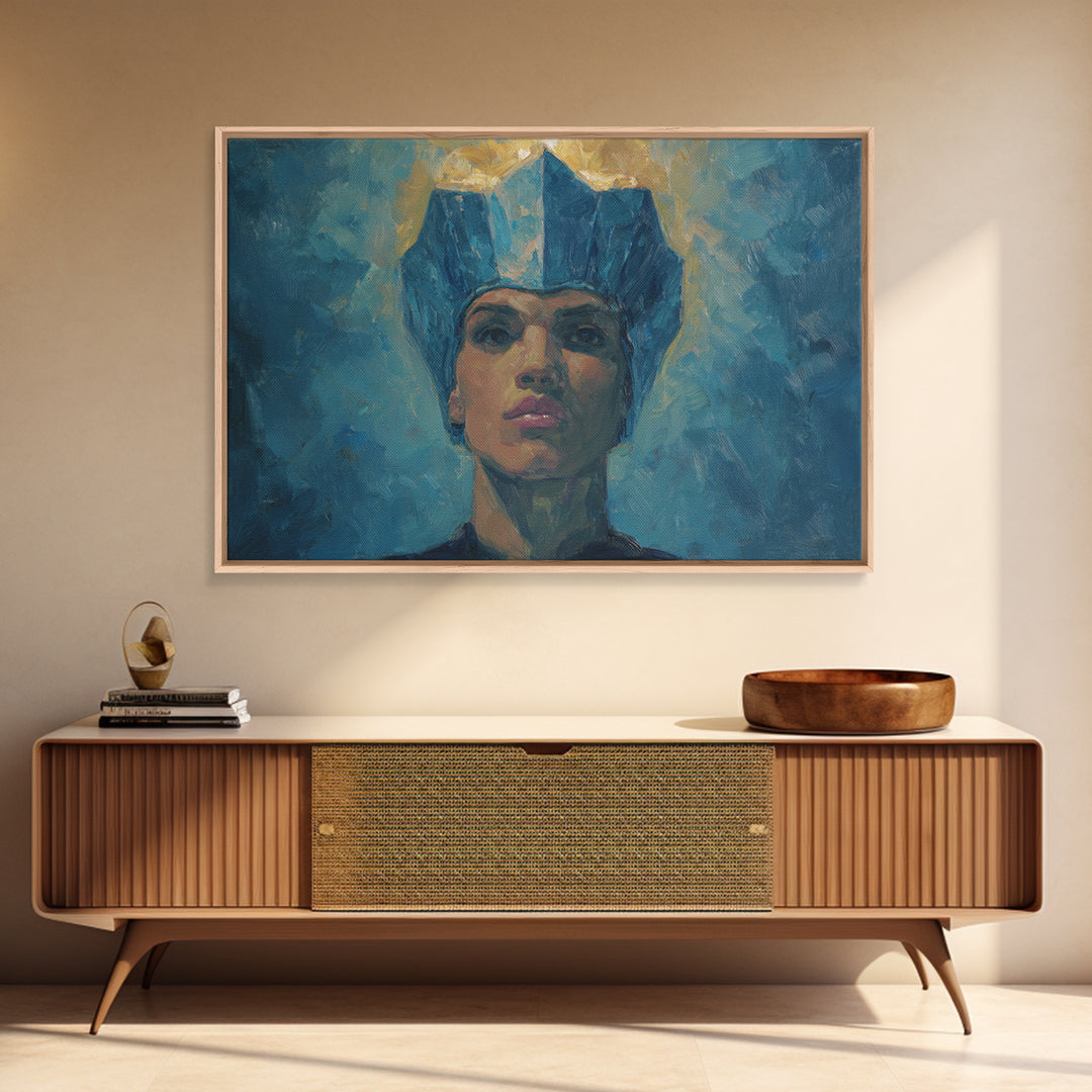 Regal Blue Crown African Woman Portrait Canvas Print, Black Queen Portrait, Elegant Woman Art, Feminine Wall Decor Gift For Her