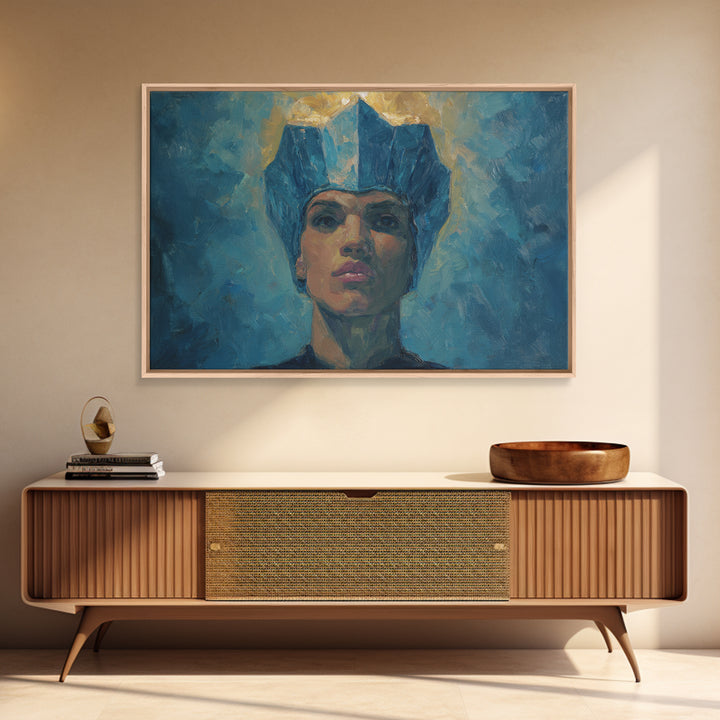 Regal Blue Crown African Woman Portrait Canvas Print, Black Queen Portrait, Elegant Woman Art, Feminine Wall Decor Gift For Her