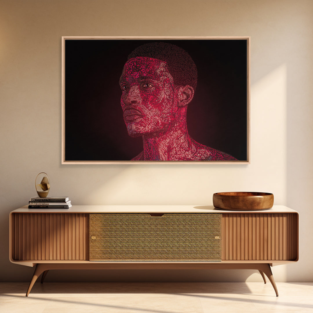 Red Patterned Black Man Portrait Framed Canvas Print, Abstract Black Art, Afrocentric Artwork, Modern Ethnic Wall Decor Gift
