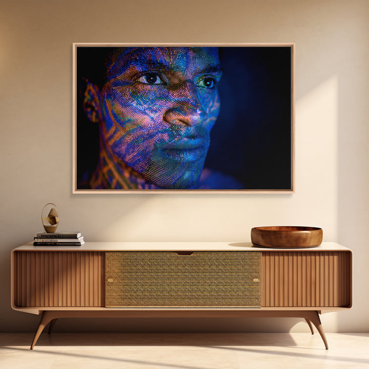Blue Digital Black Man Portrait Canvas Print, Afrofuturism Decor, Modern Black Art, Abstract Face Art, Statement Wall Decor