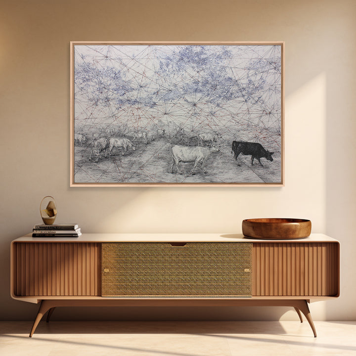 Pastoral Cattle Under Abstract Network Sky Wall Art, African Landscape, Farm Animal Art, Minimalist Office Decor Gift For Him