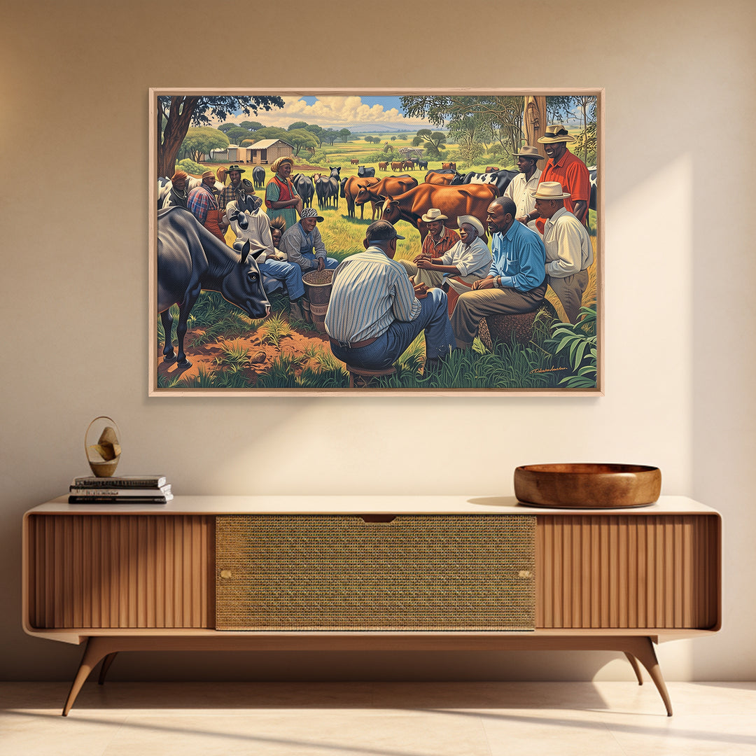 Rural African Cattle Market Gathering Wall Art, African Culture Art, Black People Art, Farm Landscape Home Decor Gift For Him