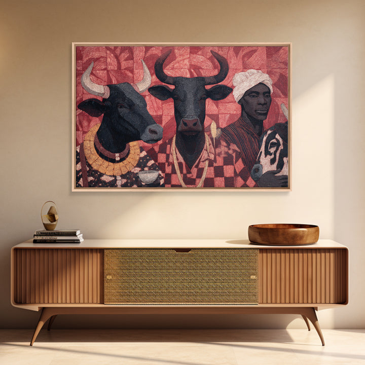 Red Tribal Cattle And African Woman Collage Wall Art, Afrocentric Decor, African Wall Decor, Cultural Art Print, Home Decor Gift